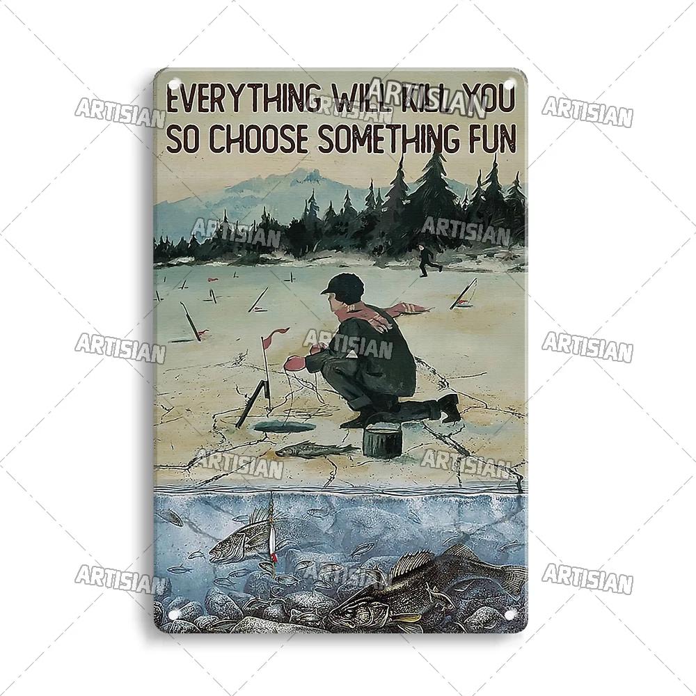 Artisian Fishing Metal Poster Sport Tin Sign Lure Bait Decorative Plaque Wall Decor Garage Bar Pub Club Hotel Cafe Kitchen Home