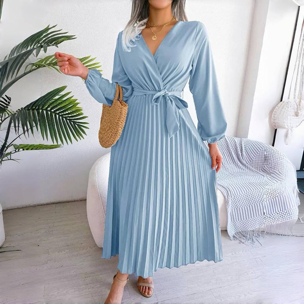 Women Cross Solid Color V Neck Hem Pleated Long Dress For Fashion