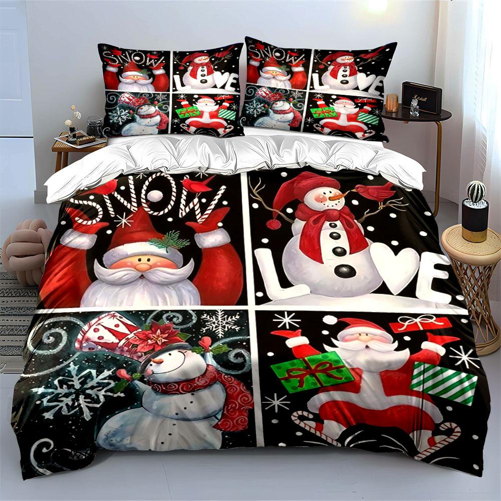 Christmas Santa & Snowman Set Bedding Duvet Cover Set Duvet Cover Pillowcases (1*Duvet Cover 2*Pillowcases, Without Duvet Insert)