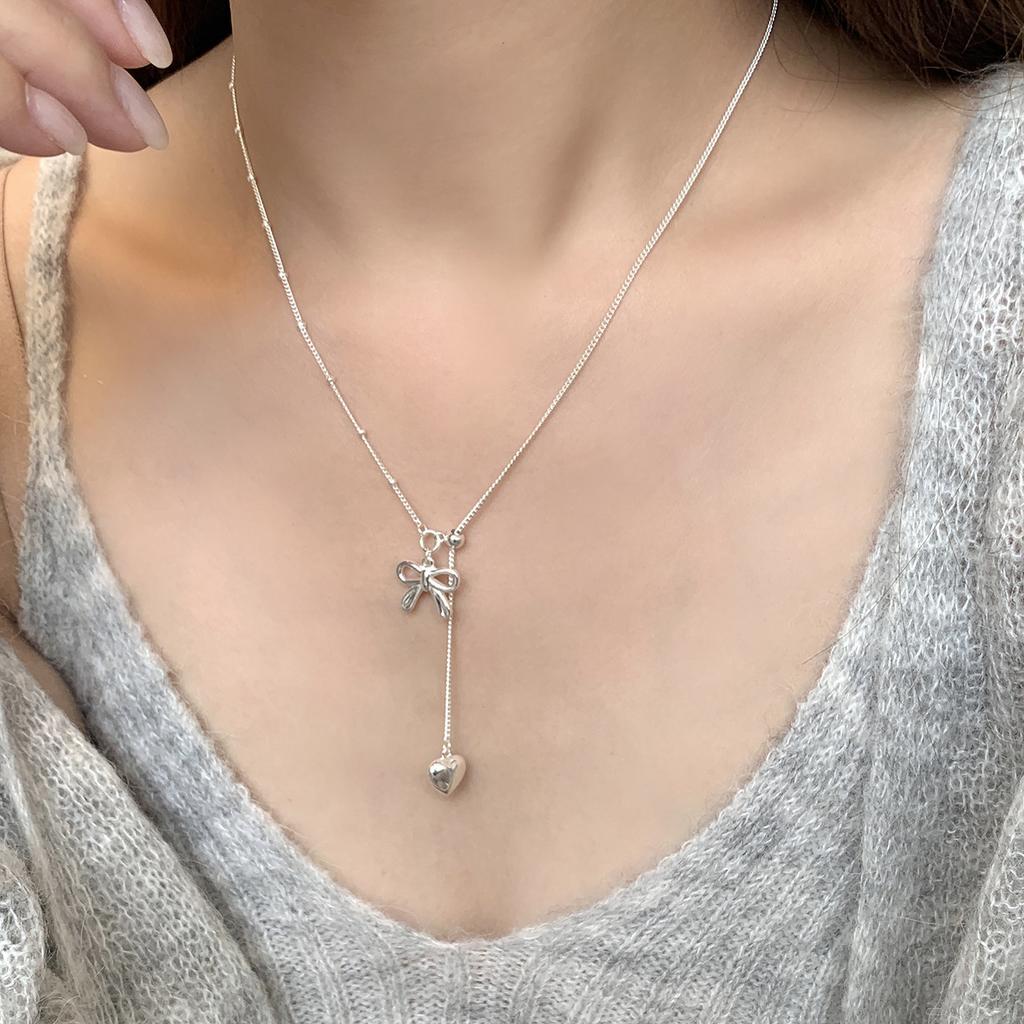 VENTFILLE 925 Sterling Silver Bow Necklace For Women Sweet Cool Tassel Love Fashion Classic Jewelry Gift Dropshipping