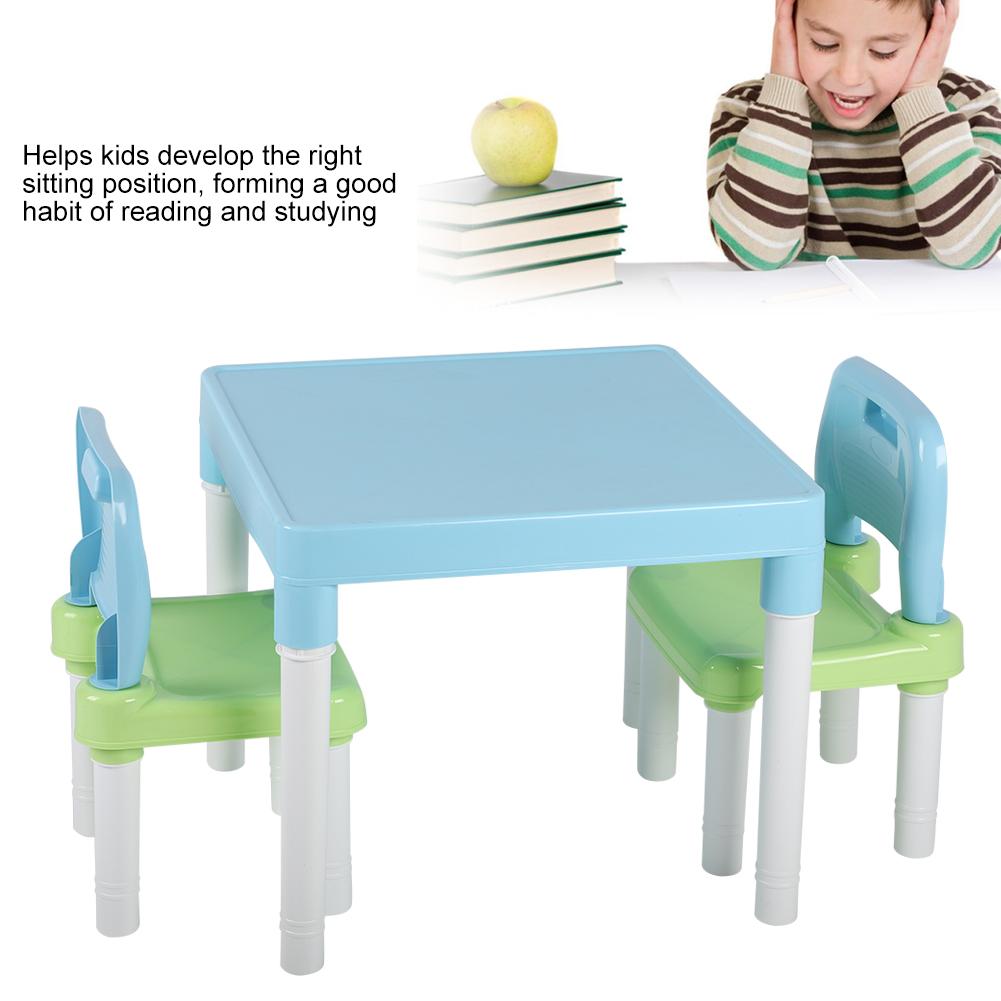 Childrens Kids Plastic Table Chair Set Lrning Studying Desk for Home Kindergarten Blue Green