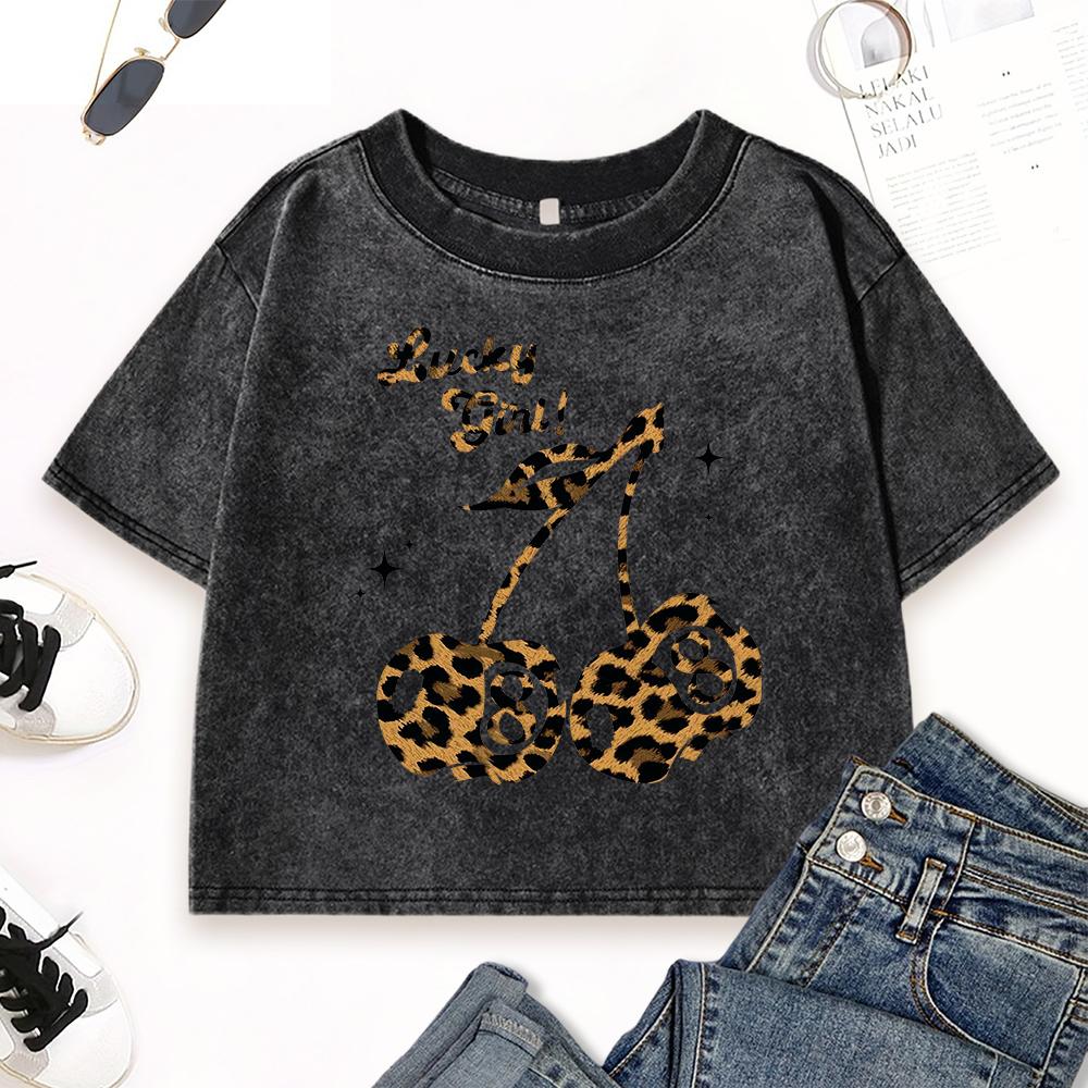 Leopard Colored Lucky Cherry Print Washed T-Shirt Female Street Cotton T Shirts Vintage Casual Crop Top Slim Clothes