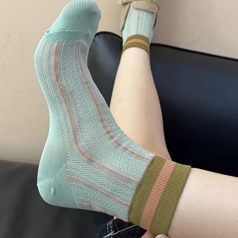 Female Summer Thin Vertical Stripe Striped Mesh Breathable Tube Socks