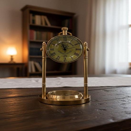 Brass Table Clock with Compass Nautical Steampunk Desk Decor  Maritime Timepiece Gift