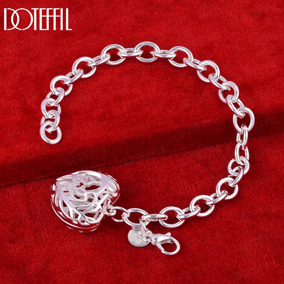 925 Sterling Silver Charm Heart Pendant Bracelet Wedding Fashion Gift Jewelry