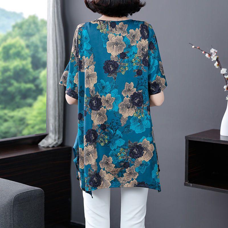Female Clothing Vintage Floral Printed Midi T-shirt Round Neck Summer Short Sleeve Irregular All-match Loose Folk Pullovers