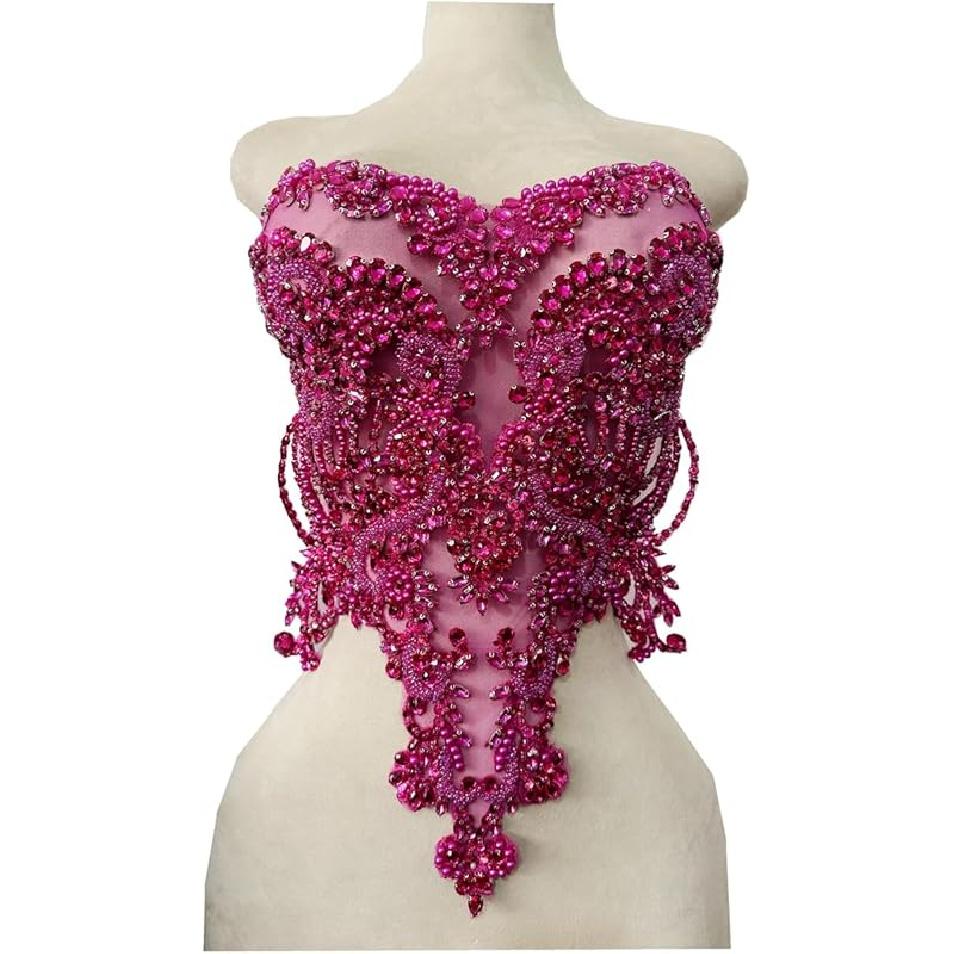 Handmade red/Blue/Gold/Green Rhinestones Lace Bodice Applique Sewing Beads Crystal Trim Patches Accessory for Dress Clothes (Light Champagne)