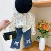 Kids Toddler Clothes Spring Girls Cute Sweet Casual Style Long Sleeve Floral Doll Collar Shirt + Bow Jeans Two Pieces Set