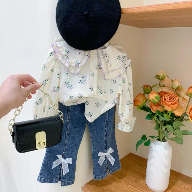 Kids Toddler Clothes Spring Girls Cute Sweet Casual Style Long Sleeve Floral Doll Collar Shirt + Bow Jeans Two Pieces Set