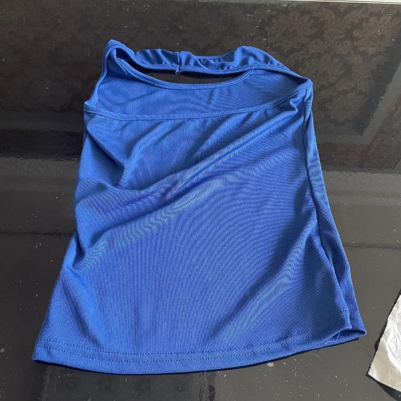Sexig Blå Halterneck Sommar Strand T-shirt Ärmlös Smal Passform Söt Kryddig Topp för Kvinnor