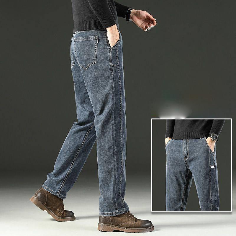 

Осенние и зимние широкие мужские джинсы, мужские свободные прямые эластичные модные повседневные длинные брюки высокого класса 40