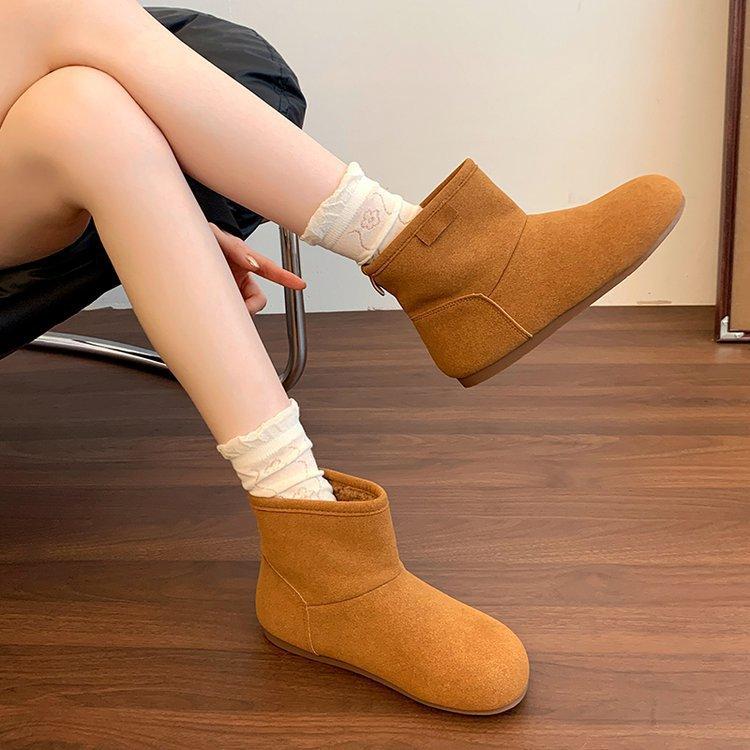 2025 autumn and winter new fashion snow boots thickened warm cotton shoes mustard green cute bread shoes flat short boots