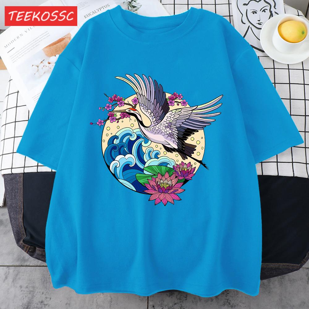 Cranes Enjoy Blooming Flowers Men T Shirts Vintage Fashion Soft Short Sleeve Summer Comfortable TShirt Unisex Cotton Loose Top