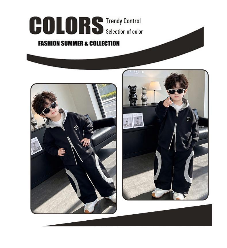 Boys' Two-Piece Spring & Autumn Set: Hooded Jacket & Casual Pants, Stylish Color Block Outfit