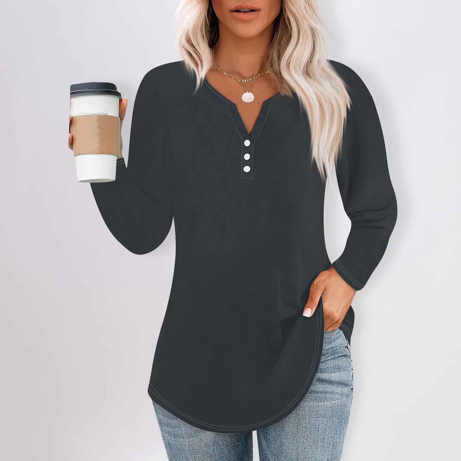 

Женская футболка с пуговицами, однотонная, с длинным рукавом, повседневная, выходного дня, модная, базовая, с V-образным вырезом XL
