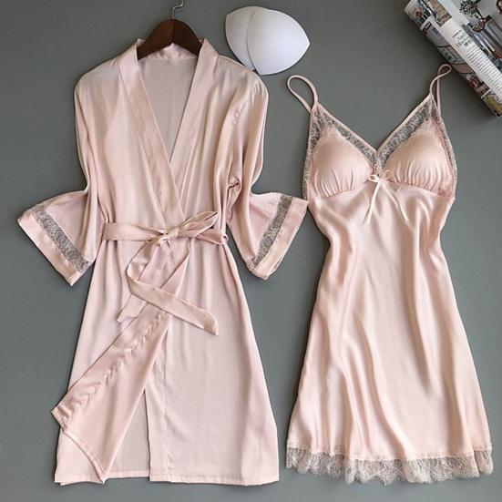 Set Pigiama e Vestaglia da Notte per Donna con Bordi in Pizzo Mini Abito da Notte e Vestaglia a 3/4 Set Pigiama 2 Pezzi Camicia da Notte Sexy Biancheria da Notte per Sposa