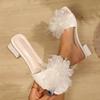 Fashion Elegant Mesh Pearl Flower Decoration Slip On White Sandals Women 2025 Square Toe Low Heel Slides Fashion Dress Party Slippers