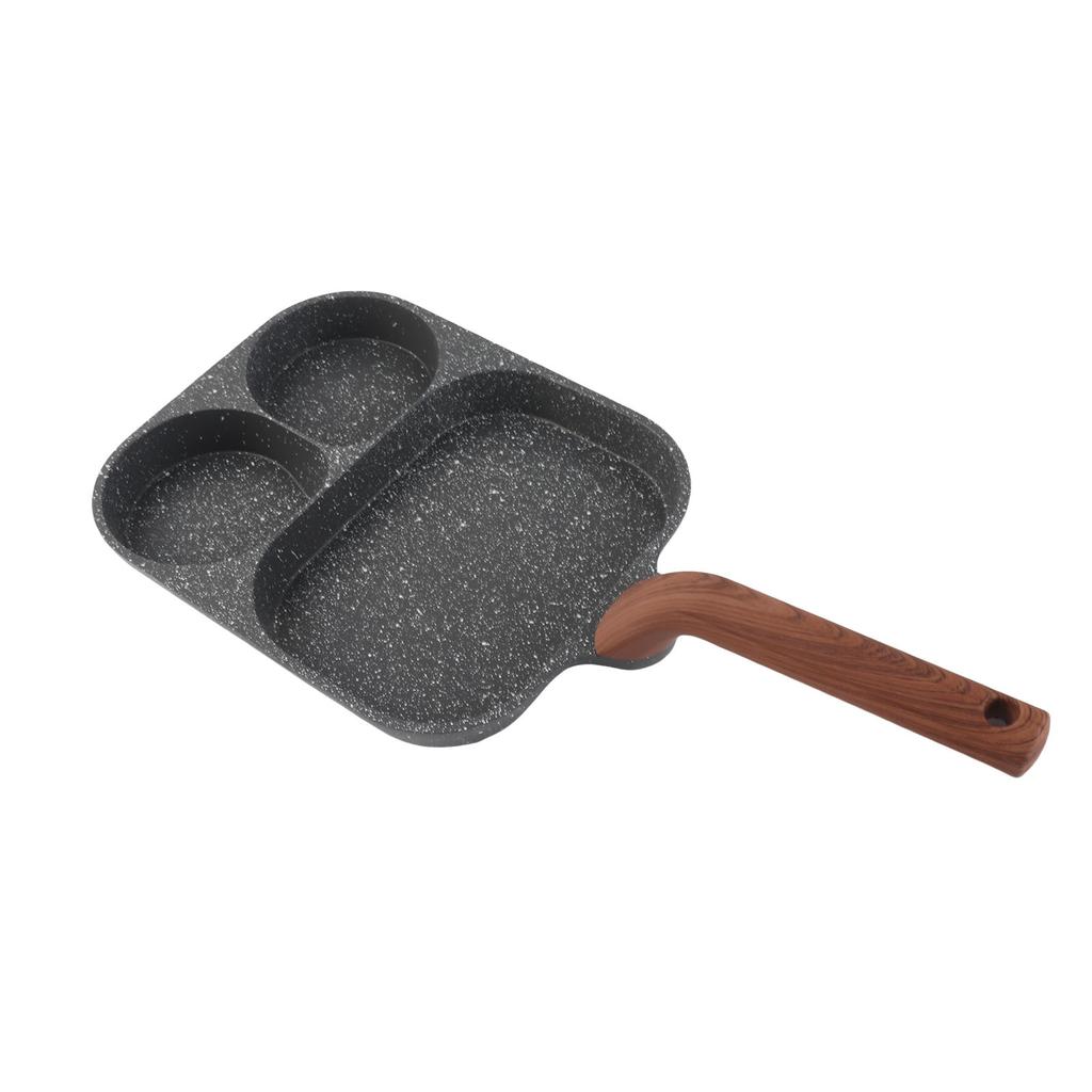 Egg Frying Pan 3 Section Stick Proof Flat Bottom Breakfast Cooking Pan with Heat Resistant Handle for Steak Omelette Black