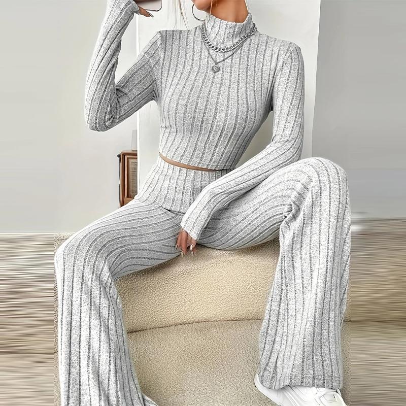 Women's Knitted Pullover Pants Two Pieces Set Slim Long Sleeved Mock Neck Top High Waist Wide Leg Pant Outfits