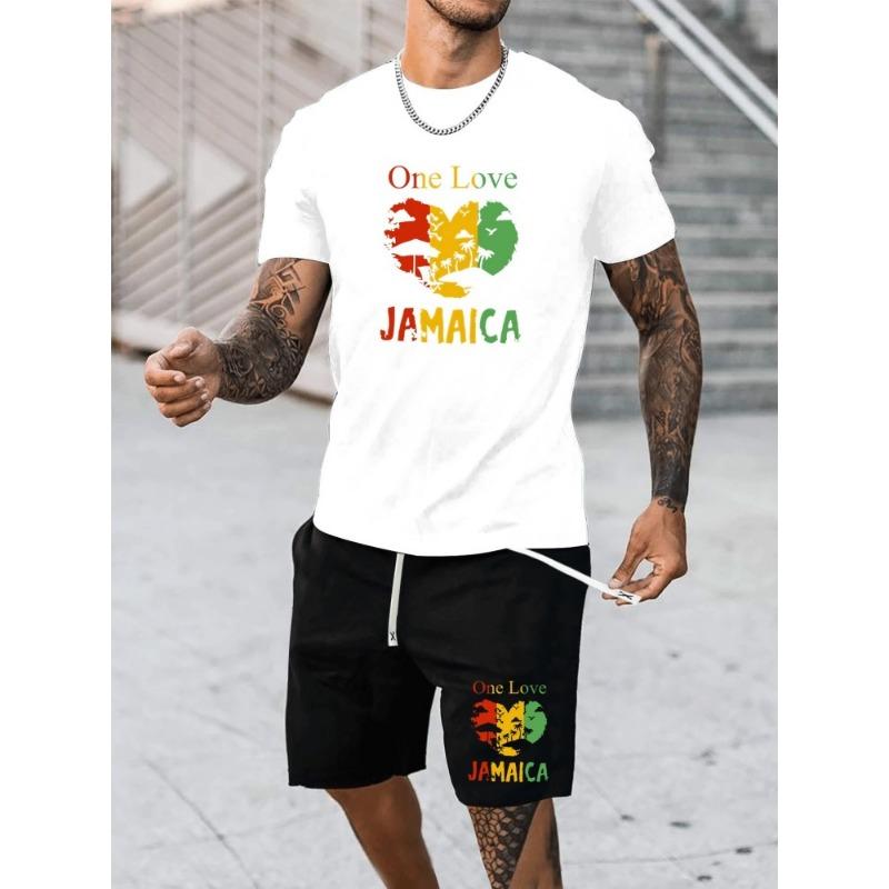 New Summer Daily Casual Men's T-shirt Outdoor Sports Men's Shorts One Love Monogram Printed Men's Short Sleeve Shorts Set