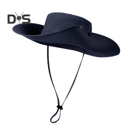Men Fisherman Hat Flat Top Wide Brim Breathable Sun Hat Adjustable Windproof Drawstring Sun Protection Hat