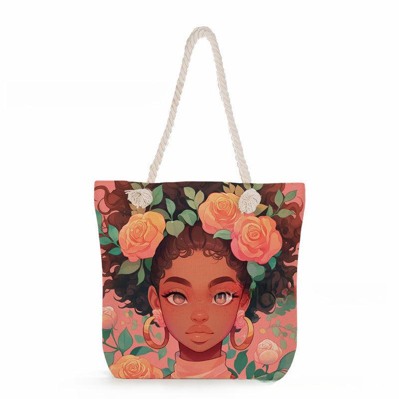 Multifunctional Rose Girl Printed Thick Rope Shoulder Beach Bag Casual Large Capacity Handbag 0247