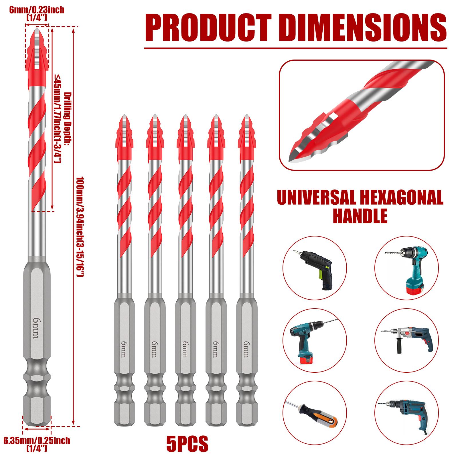 

5Pcs 6mm Masonry Drill Bit Professional Tungsten Carbide Drill Bit Tile Glass Porcelain Eccentric Drill Bit For Cement Ceramic