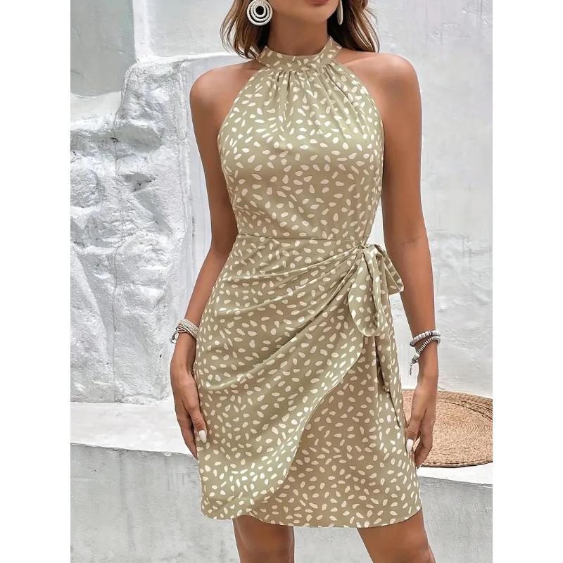 Women's Summer Fashion Halter Zip Sleeveless Floral Pleated Mini Dress Hot Girl Style
