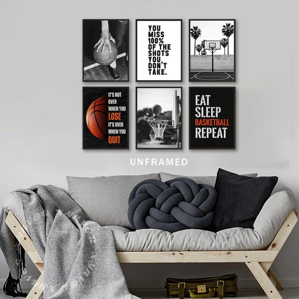 Xynvor 6Pcs Basketball pirational Canvas Wall Art Black White Basketball Posters Artwork Sport Motivational Quotes Painting Pictures Wall Decor for