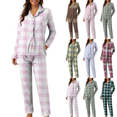 Women's Casual Fashion Plaid Patchwork Print Long-Sleeved Trousers Homewear Set
