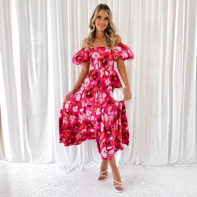 

Printed Bubble Sleeve Dress off-Neck Print Pettiskirt Puff sleeve Dress Women Summer Rose Red Flower L