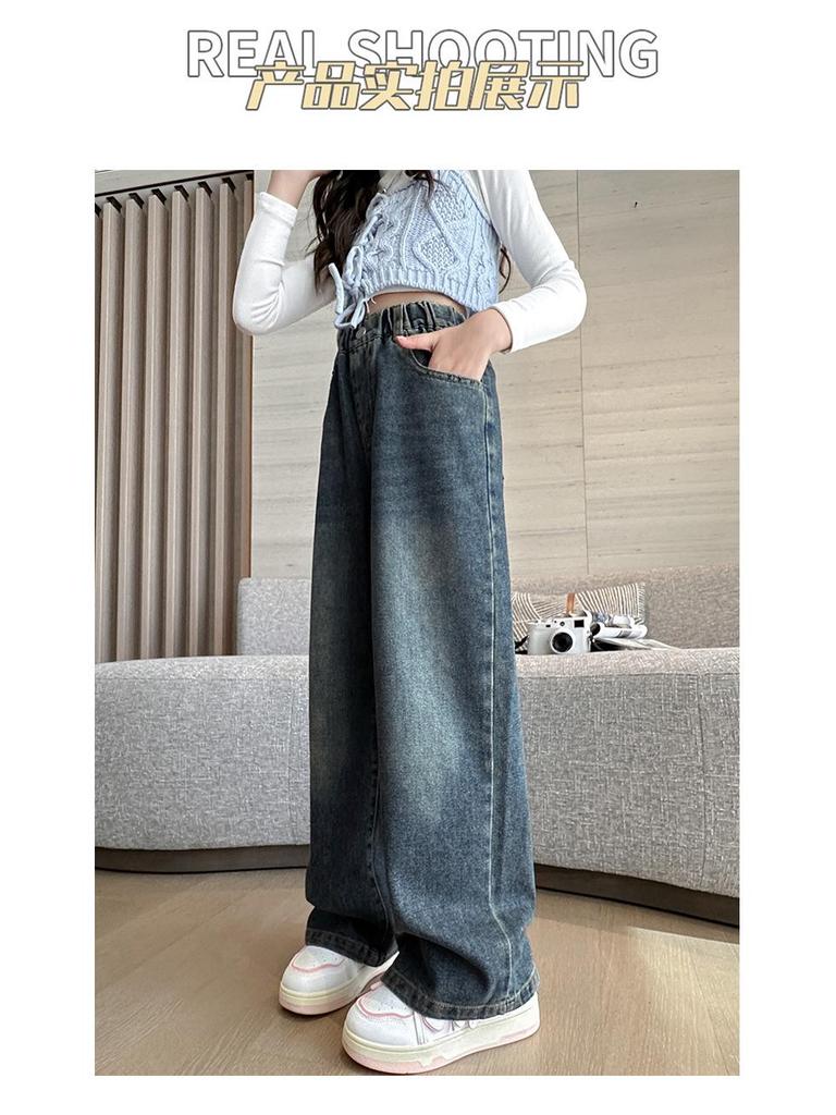 Girls' 2024 Spring & Autumn Fleece-Lined Wide-Leg Jeans - Straight-Leg Style for Winter, Suitable for Middle and Big Children.