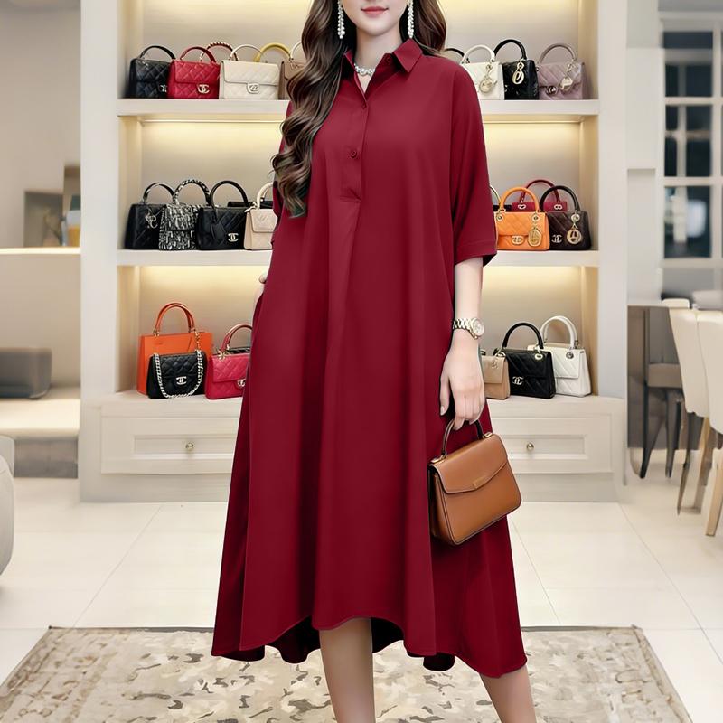 

ZANZEA Women Casual Turn Down Collar 3/4 Sleeve Loose Dress 5XL вина червоного кольору