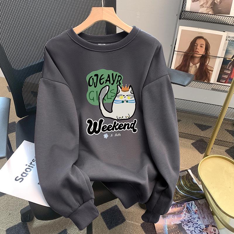Women's 300g Chinese Cotton Sweatshirt, Cartoon Print, Korean-Style, Loose Fit, Versatile Casual Top for Spring and Autumn