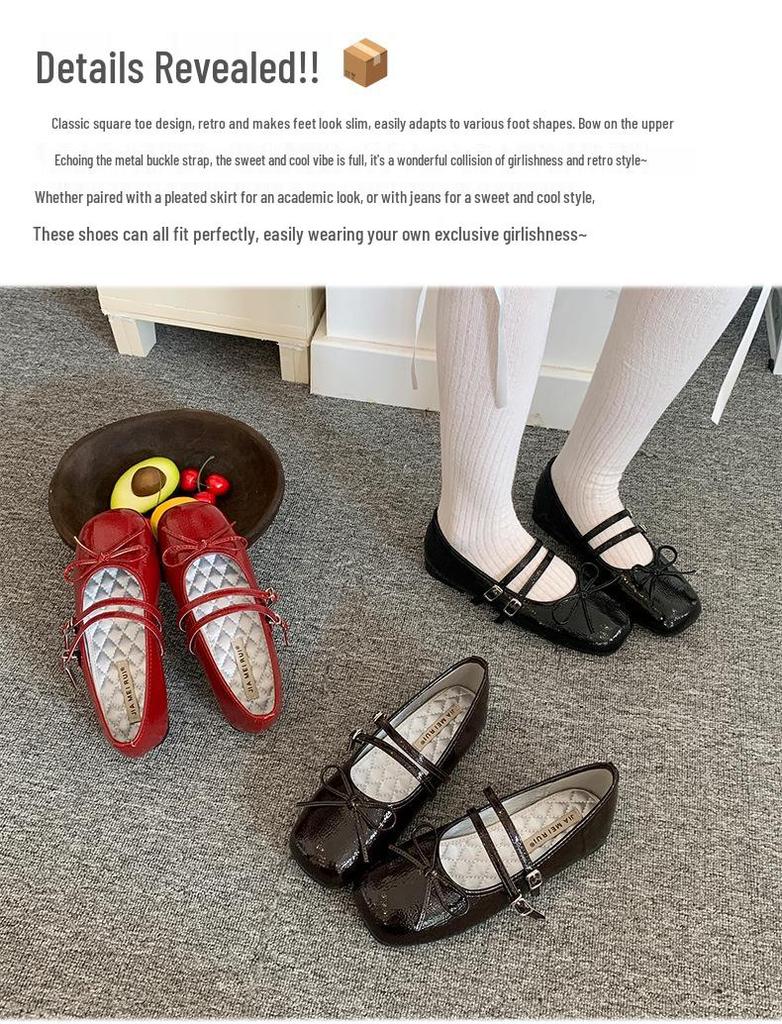 In Stock Rockfish Patent Leather Mary Jane Ballet Flats with Double Strap Bow - Women's Round Toe Low-Cut Shoes