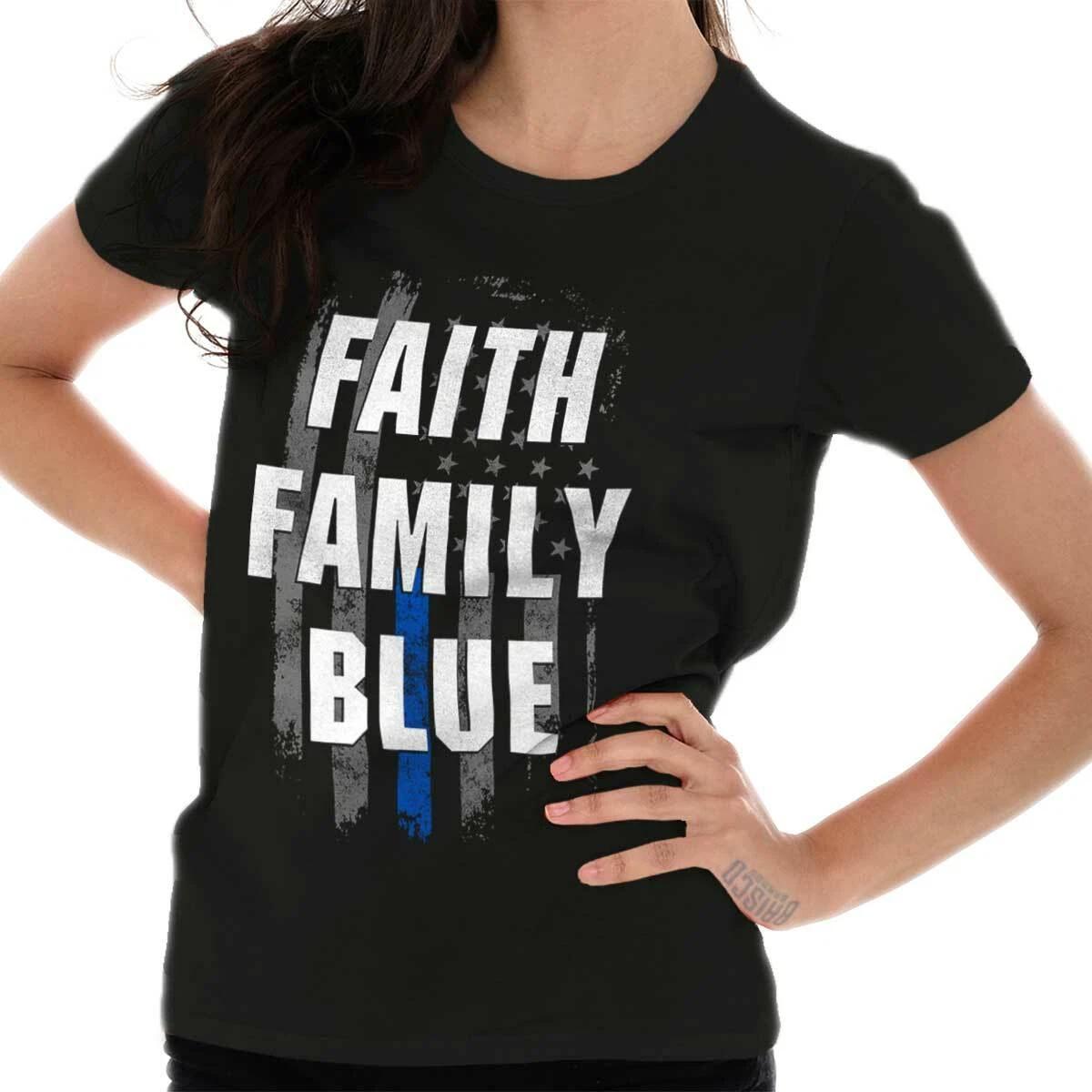 American Flag Faith Family Blue Police USA Graphic T Shirts for Women T-Shirts L