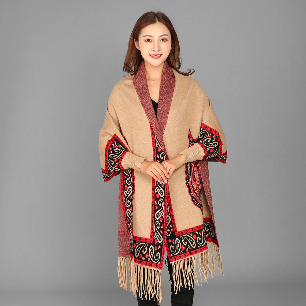 Sleeved Ethnic-style Shawl Cheongsam with Paisley Pattern for Women, Autumn and Winter Warm Cashmere Red Scarf Cape Coat with Tassels