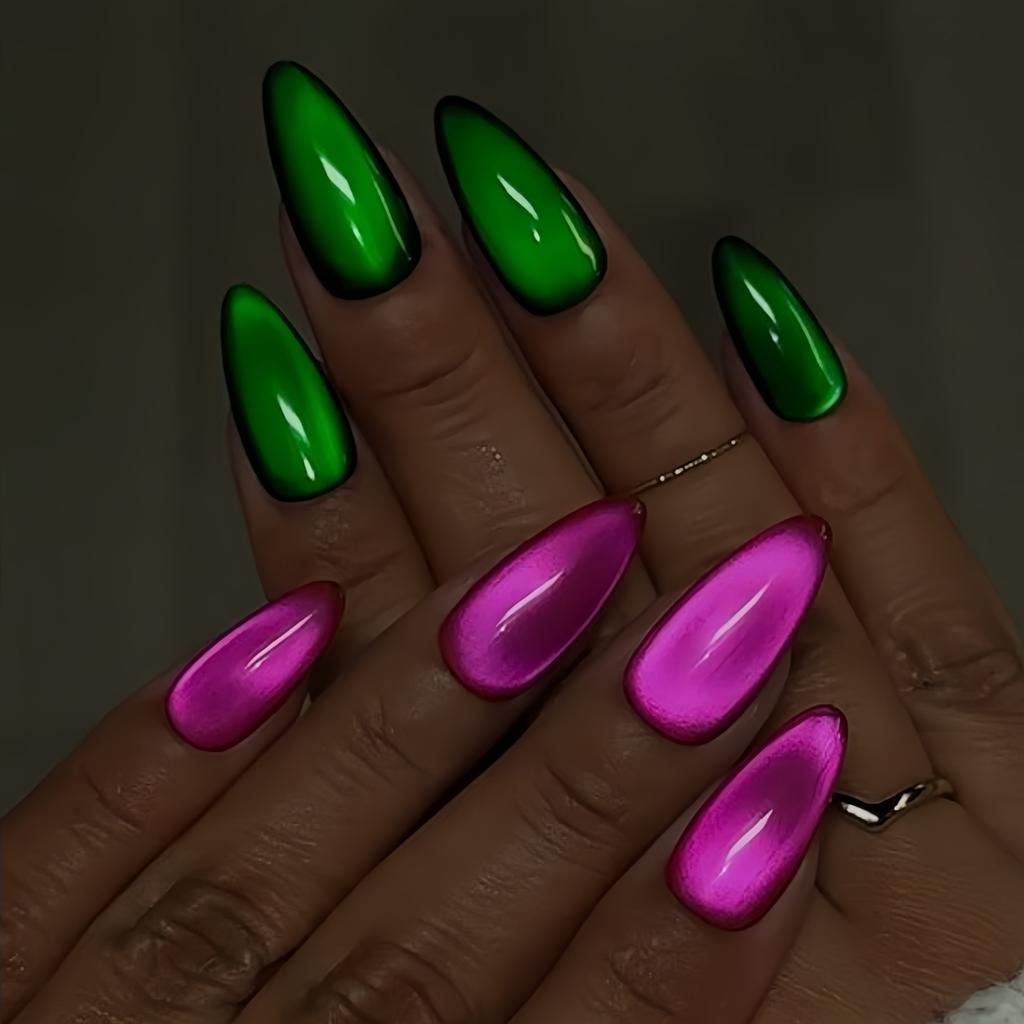 24pcs Glossy Red Cat's Eye Press On Nails Full Cover Nude Wearable Almond False Nails Charms Detachable Fake Nail For Girl