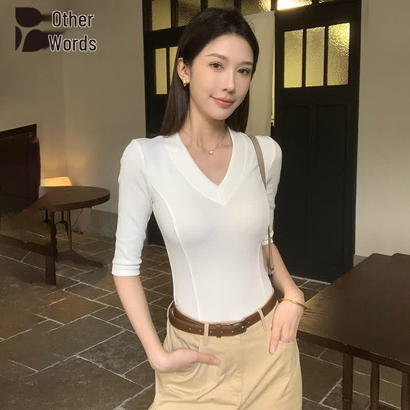 Women s V-Neck Half-Sleeve Slim Fit Cropped T-Shirt XL