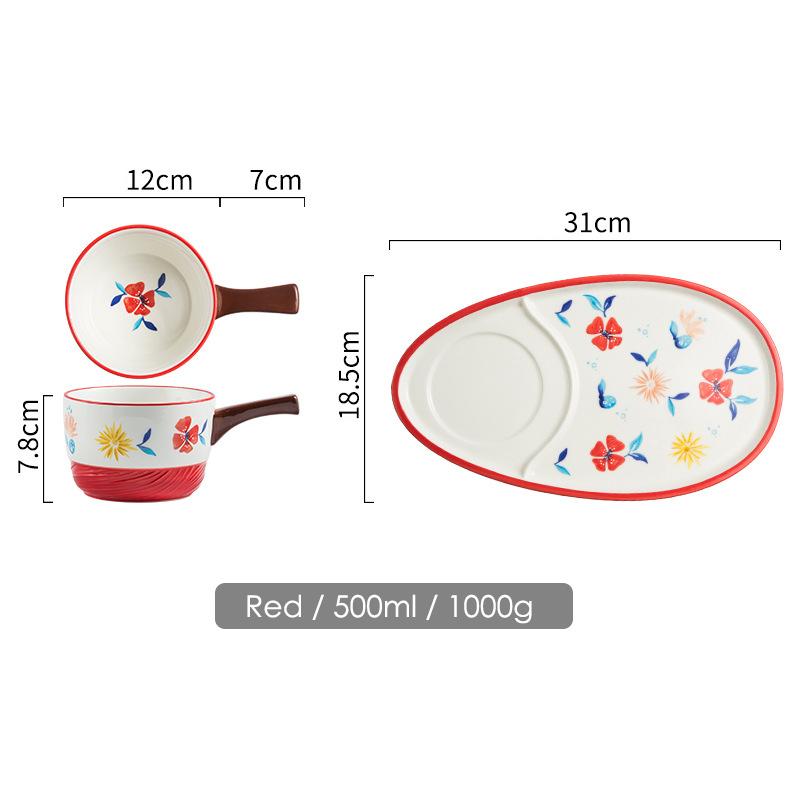 1 Set Floral Bowl Dish Ceramic Breakfast Plate Oatmeal Bowl for Kids Dessert Plate Milk Container with Handle