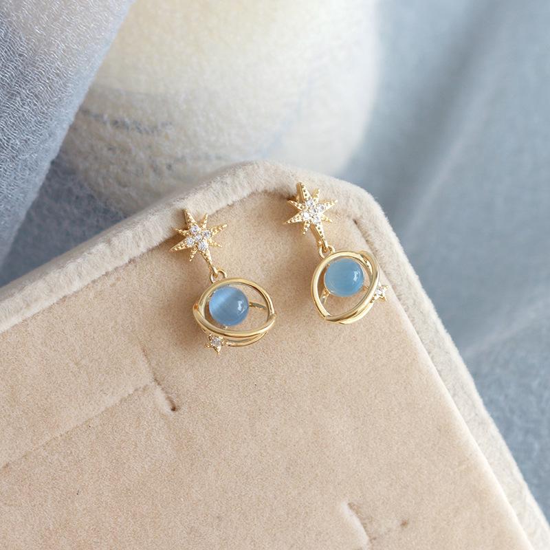 

2024 Universe Galaxy Zircon 925 Silver Blue Cat s Eye Stud Earrings for Women