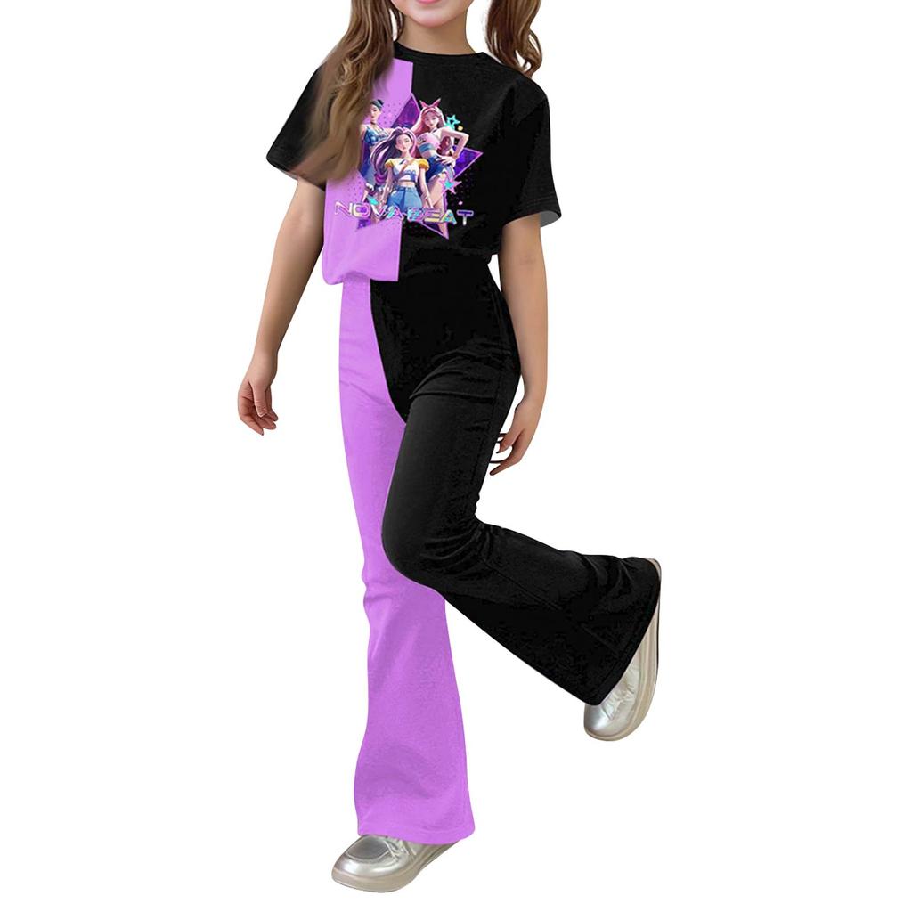 Girls Short Sleeve Graphic Tee And Flare Pants Set With Star Casual Two Piece Outfit For Kids