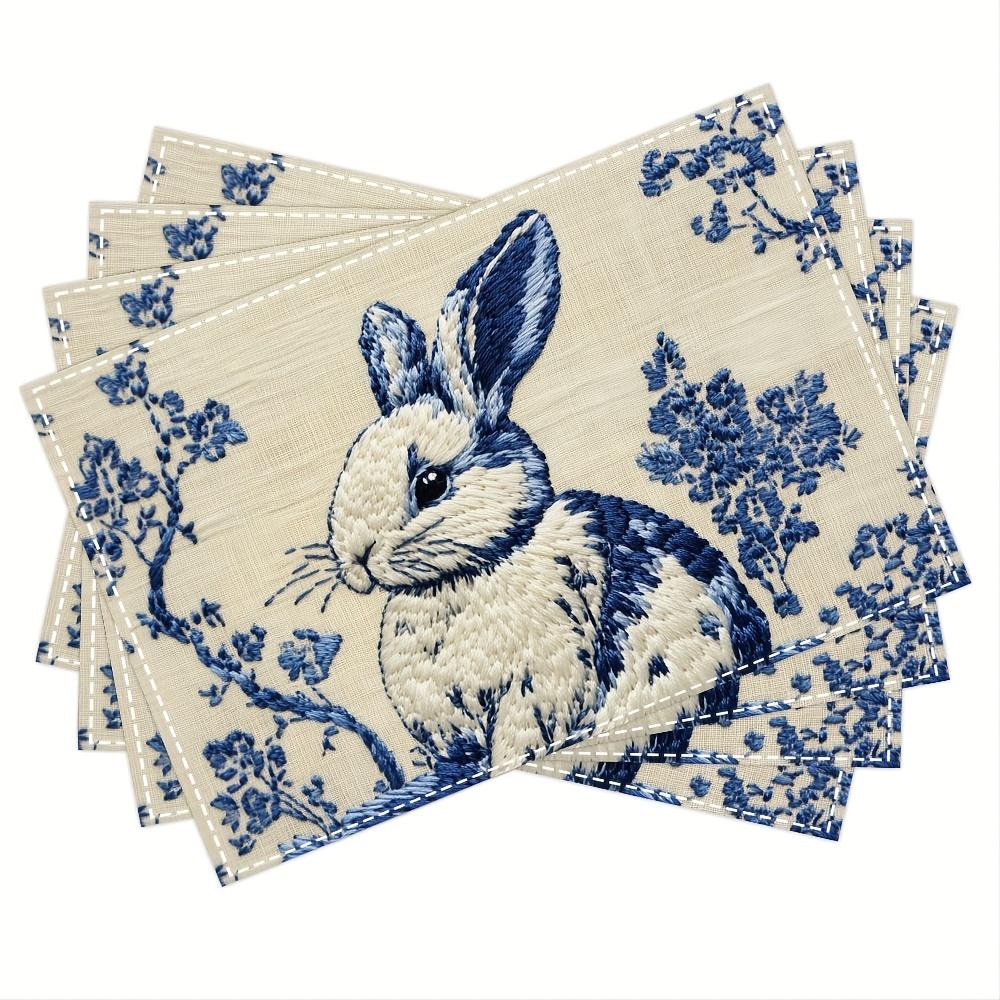 

Blue and white chinoiserie bunny rabbit placemats, print pattern table mat, for dining table, kitchen, (Imitation embroidery) 4Pcs-30X45cm(12X18in