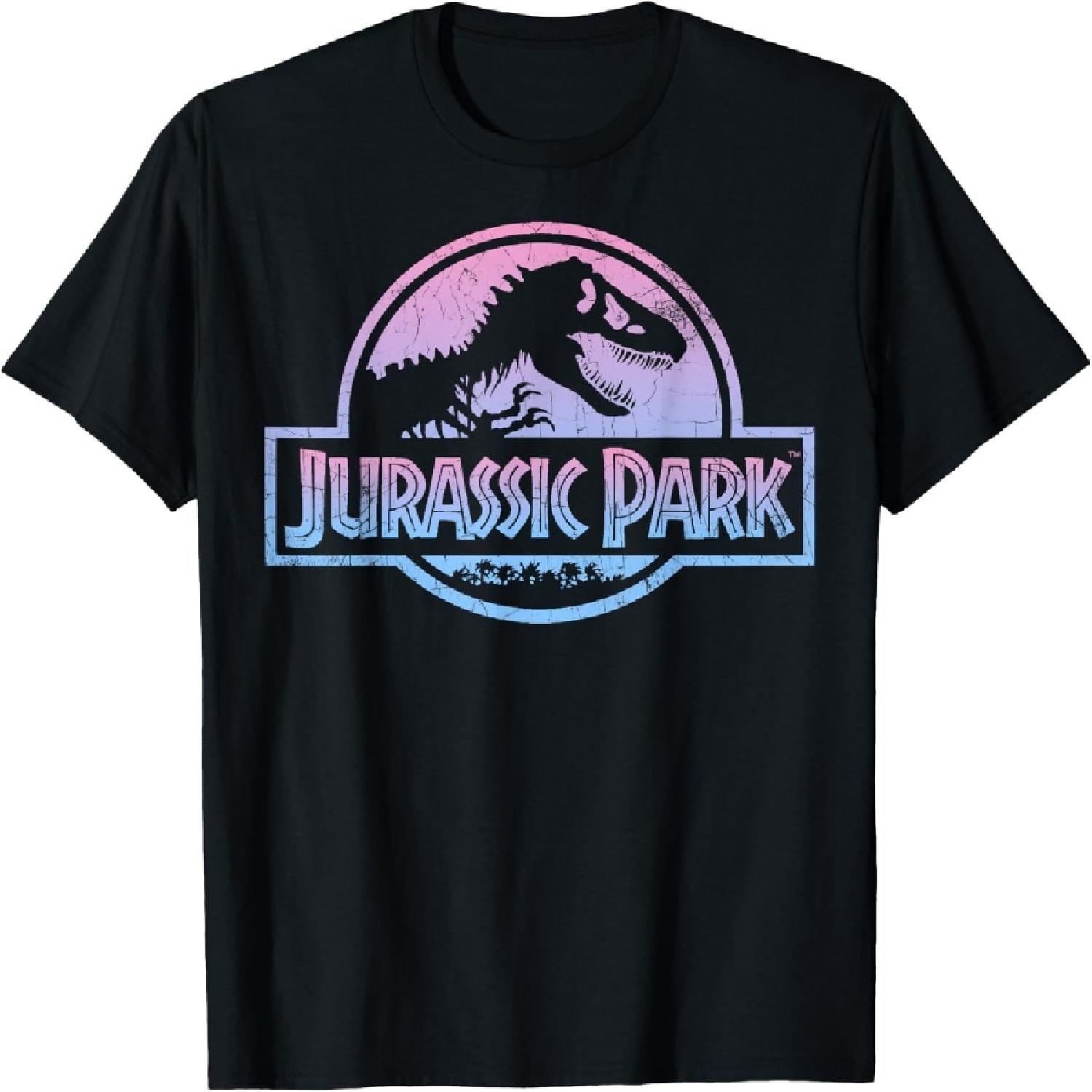 Jurassic Park Pink Blue Gradient Distressed Logo T-Shirt T-Shirt S