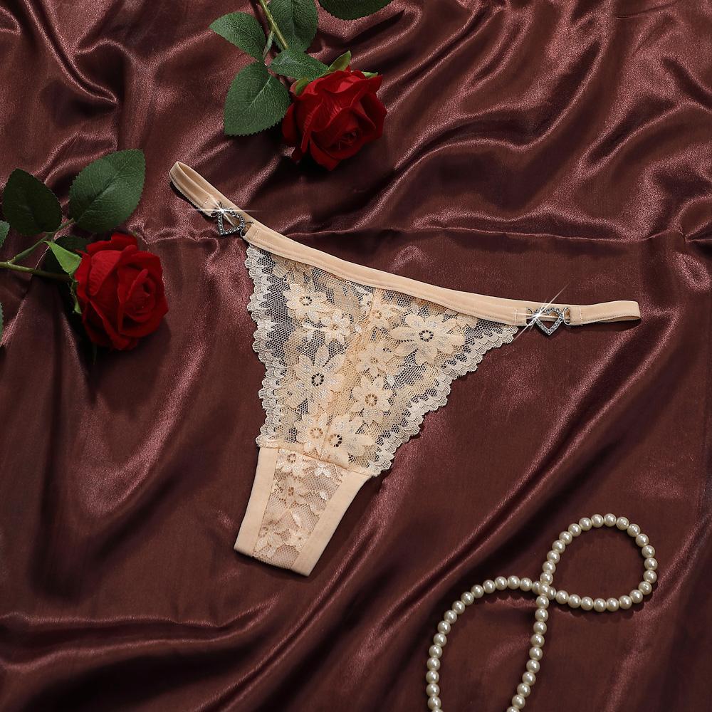 Women's Panties Heart Rhinestone Jacquard Low Waist Lace Translucent Flower Underpants Ventilate Underwear Super Comfortable