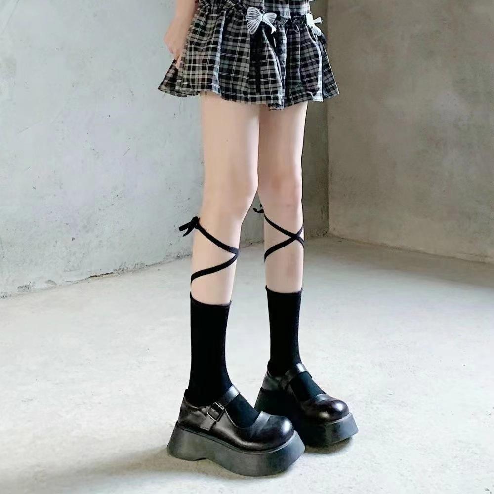 Spring And Autumn Tide Niche Design Cross Calf Tie Black Medium Tube Women'S Summer Cotton Long Socks Strong Pressure Thin Leg Socks