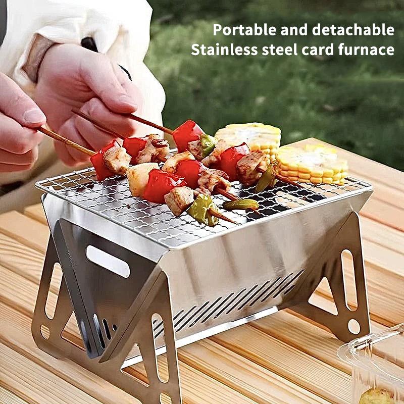 Bærbar Sammenleggbar Grill Varmesteller Multifunksjonell Camping BBQ Grillstativ Nett Vedovn Rustfritt Stål BBQ Grill