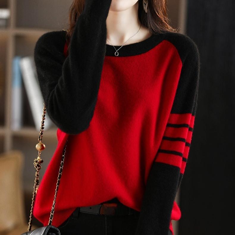 Round-neck Color-blocked Sweater Women's Trendy Loose Knitted Sweater Casual Short Pullover Spring and Autumn