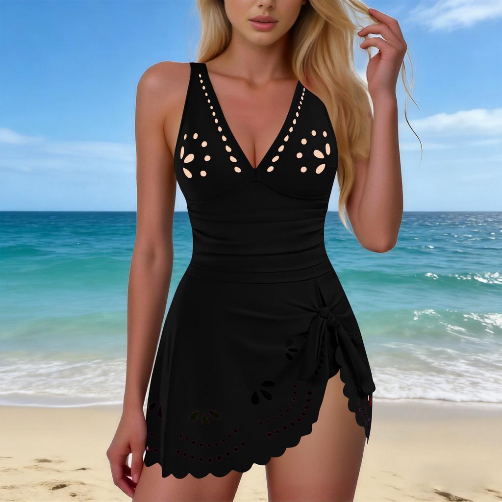 Women's Fashionable Sexy Color Sleeveless V-neck Hollow Skirt One-piece Bikini Swimsuit