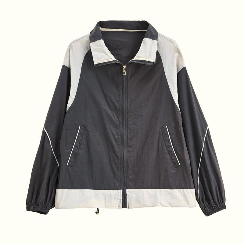 Women's Casual Autumn Clashing Colour Splicing Lapel Long Sleeve Sun Protection Jacket